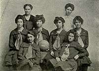 Team photo of the 1903 KU women's basketball team with the middle girl holding a basketball with "1903" painted on it.