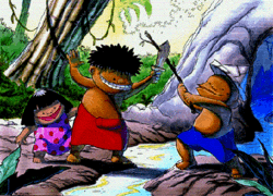 A boy in shorts and wearing a paper hat holds a stick.  He crosses the stick against a wooden sword, held by another boy who wears a red sarong (a wrap-around garment).  A girl in a dress stands behind the sword-wielding boy.