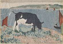 Colour print of a cow grazing by the waterside