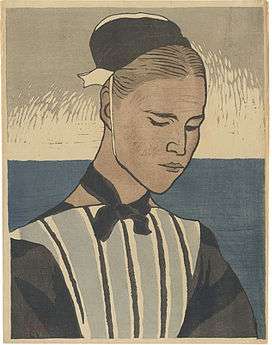 Colour print of the bust of a woman in a hat, eyes lowered