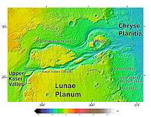 This color-coded elevation map was produced from data collected by Mars Global Surveyor.It shows an area around Northern Kasei Valles, showing relationships among Kasei Valles, Bahram Vallis, Vedra Vallis, Maumee Vallis, and Maja Valles. Map location is in Lunae Palus quadrangle and includes parts of Lunae Planum and Chryse Planitia.