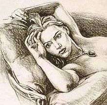 A pencil-drawing sketch depicting a woman with a somewhat stern face lying on a chair and pillow naked, only wearing a diamond necklace. From the breast down the picture is cut off.