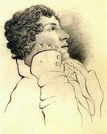 Portrait in pencil of a man in his mid-twenties with medium-length curly hair. He is leaning on his right arm and faces right. He is wearing a white jacket.