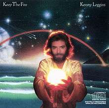 Kenny Loggins, a long-haired bearded man, holding football-sized glowing sphere, standing in front of fantastic space scene above an ocean.