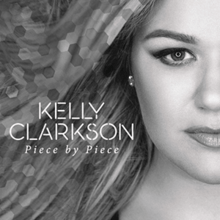 A cropped monochromatic image of a woman hair whose hair are overlapped with a small hexagonal-shaped pieces; on its lower left side, the words "Kelly Clarkson" and "Piece by Piece" are printed in white stylized typefaces