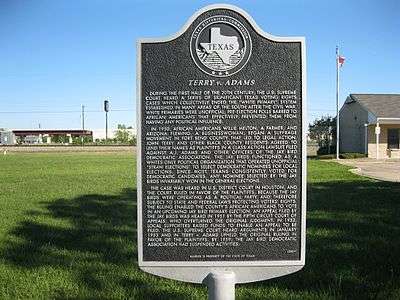 Photo of a Texas Historical Commission plaque titled Terry v. Adams.