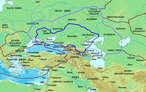 A map depicting Central and Eastern Europe, the frontiers of the Khazar Khaganate and the names of the peoples surrounding it