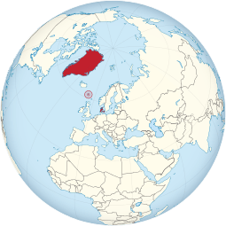 Location of the Danish Realm (red), consisting of the Faroe Islands (circled), Greenland and Denmark