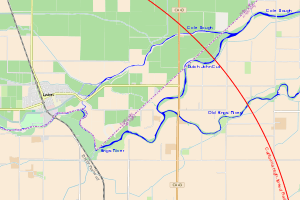 A map showing the three channels of the Kings River, with the planned California High-Speed Rail line crossing them in a broad arc to the east, and the community of Laton, California to the west