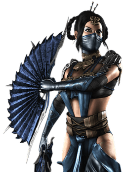 This image shows a muscular, large-chested, dark-haired masked female from the waist up. She is wearing a revealing blue outfit, elbow-length handless gloves and a silver tiara on her head, and is wielding a single unfolded bladed fan.