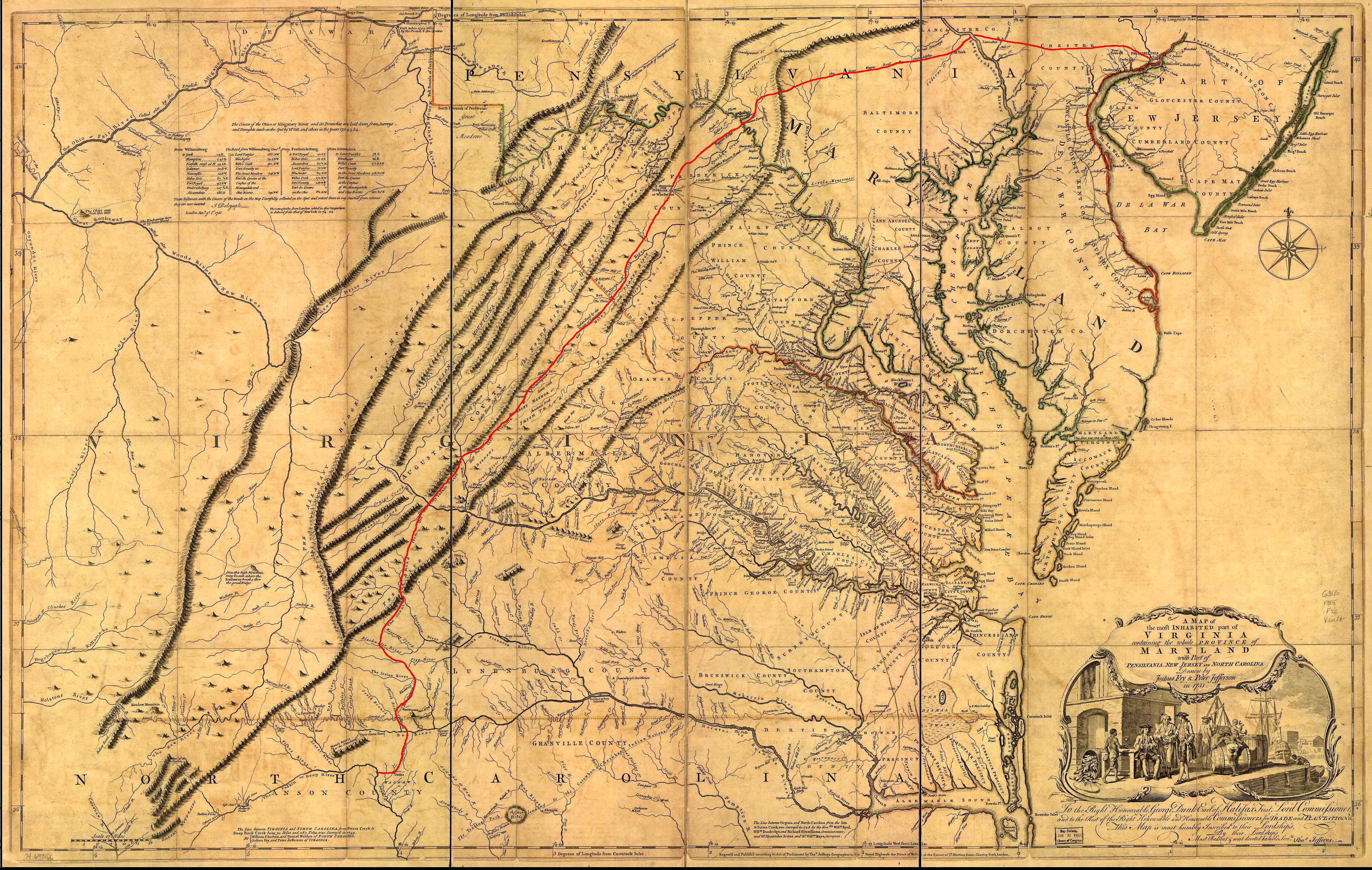 Tricities region shown on the Fry-Jefferson map (1752)