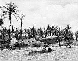 Two single-engined military aircraft parked on field in front of palm trees