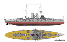  Illustration of this type of vessel; the ship carried two large gun turrets on either end and four smaller turrets arranged around two tall smoke stacks in the center.