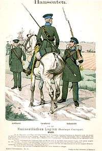 A drawing of three soldiers in green uniforms. One soldiers is riding a horse.