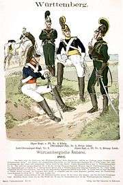 Print of cavalrymen in blue coats and white breeches, and in green jackets and breeches