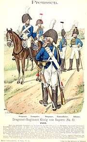 Print of 1806 Prussian King of Bavaria Dragoons Nr. 1 in light blue coat, white trousers, and boots