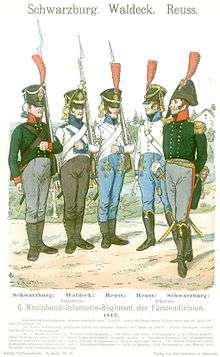 Print shows five soldiers. From left to right, the first soldier wears a green coat and gray breeches. The second soldier sports a white coat with blue facings and dark gray trousers. The third and fourth are dressed in white coats with light blue pants. The fifth wears the same green and gray as the first, but his headgear is a bicorne hat. The other four soldiers wear black shakos with plumes.