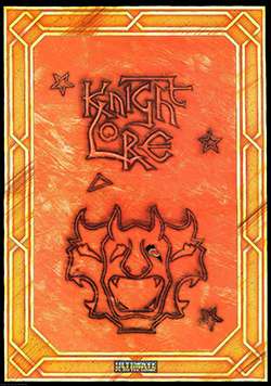 Atop an orange and worn background is "Knight Lore" in seared and stylized, black, interlocked, outlined lettering. Surrounding the title are similarly styled stars and three gargoyle masks: one faces perpendicular from the plane and two identical masks in profile view face to its left and right. Around the border are yellow, semi-Celtic interwoven lines. The Ultimate logo is very small and centered at the bottom.
