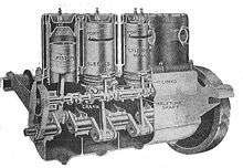 A 4-cylinder Daimler car engine of 1919, sectioned through the cylinders to show the Knight sleeve valves.