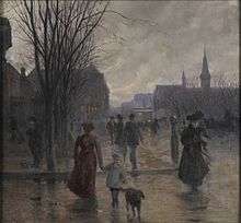 painting of people walking downtown at the turn of the last century