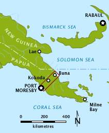 Colour map depicting the location of the Kokoda Trail within New Guinea. The country is wide in the west, on the left of the map and narrows to a peninsula in the east on the right of the map. The Kokoda Trail stretches from Port Moresby on the southern coast to the village of Kokoda