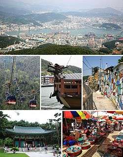 A collage of six photographs of Tongyeong landmarks.