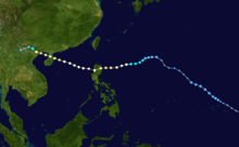 Track of a tropical cyclone as represented by colored dots on a map. Each dot represents the storm's position at six-hour intervals, while the color of each dot denotes its intensity.
