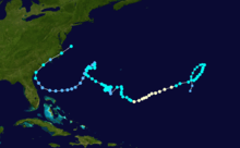 Track map of the fourth longest-lived Atlantic tropical cyclone on record.