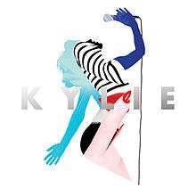 A silhouette of a woman holding a microphone, featuring inserts of different colors and pictures inside the silhouette. The word "Kylie" is superimposed on the silhouette.