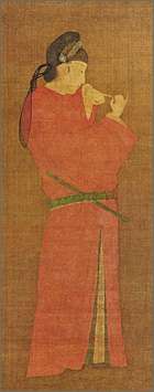 Portrait of a woman in disguise of a man wearing a red round-necked robe of the nobility and a cap of black gauze. A yokobue transverse flute is tucked in her obi and she is watching the fingers of both of her hands.