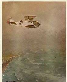 Colour watercolor of an aircraft flying over the coastline of France on the way over the Atlantic.
