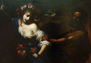Painting showing Pesephone fleeing Hades. She is covered in flowers and bathed in light from the left-hand side of the painting. Hades emerges from the darkness on the right-hand side of the work. Only the outlines of his body, arm, and head can be seen. He is pulling of her blouse, revealing her upper body.