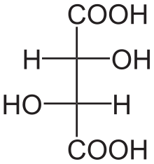 Diagram showing the structural formula of the form of an "L" of tartaric acid, the major organic acid in wine.