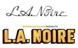 The top image displays the original logo: "L.A. Noire", written in shiny, cursive, silver-and-black font. The bottom displays the final logo: "ROCKSTAR GAMES PRESENTS" above "L.A. Noire", which is written in a much thicker, yellow-and-black font.