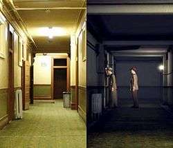 The left side of the image shows a hallway, of white, green and brown colouring. The right side of the image shows the equivalent of this using the in-game engine, with two characters standing at a door in the hallway.