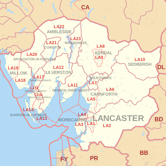 LA postcode area map, showing postcode districts, post towns and neighbouring postcode areas.