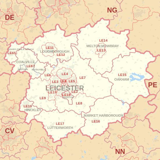 LE postcode area map, showing postcode districts, post towns and neighbouring postcode areas.