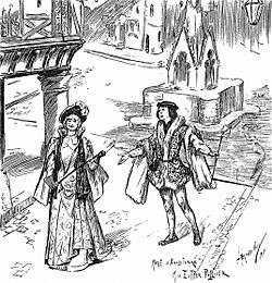 magazine sketch of an operatic production, showing a man and a woman among mediaeval scenery