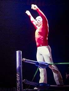 The masked wrestler La Máscara posing on a turnbuckle with his arms raised in the air.