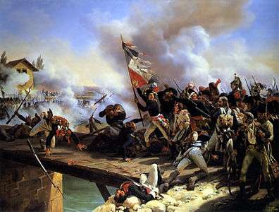 Painting shows blue-uniformed troops charging across a bridge amid heavy enemy fire