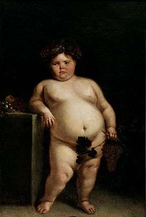 A nude painting of a dark-haired pink-cheeked obese girl leaning against a table. She is holding grapes and grape leaves in her left hand which cover her genitalia.