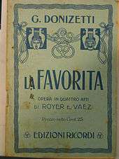 The cover of a souvenir libretto from the opera La favorita, featuring age-related spots and browning. The names of the composer and librettists, the title of the opera, and the price of the libretto (25 Chilean centavos).