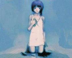 A young girl in a white shift kneels facing us with scissors in her hand, and hanks of her own hair on the ground, leaving one forelock uncut. The background is blue.