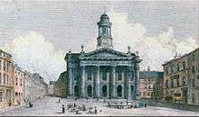 A coloured engraving of a neoclassical building