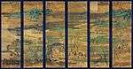 Six narrow and tall panels of a landscape with mountains, trees, horsemen and a hut. The painting is slightly faded.