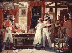 Painting of Laura Secord warning Lieutenant James Fitzgibbon of an impending American attack