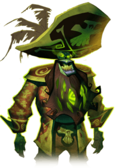 An undead man in a stereotypical pirate captain's outfit and a large tricorn hat, which bears a skull and crossbones. With green skin, illuminate green eyes and a glowing beard, the pirate is grinning manically.