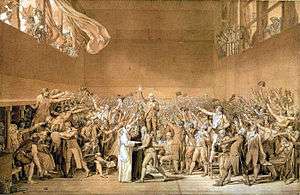 The focus of the chalk drawing is at the center, where one man is standing on a table. Below him, three men are grouped together, joining hands. Around them are dozes of men, with their hands upraised. People look in from the windows.