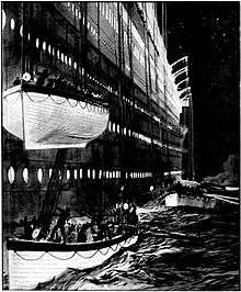 Painting of lifeboats being lowered down the side of Titanic, with one lifeboat about to be lowered on top of another one in the water. A third lifeboat is visible in the background.