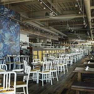 The Legal Sea Foods dining room at their restaurant in the South Boston Waterfront